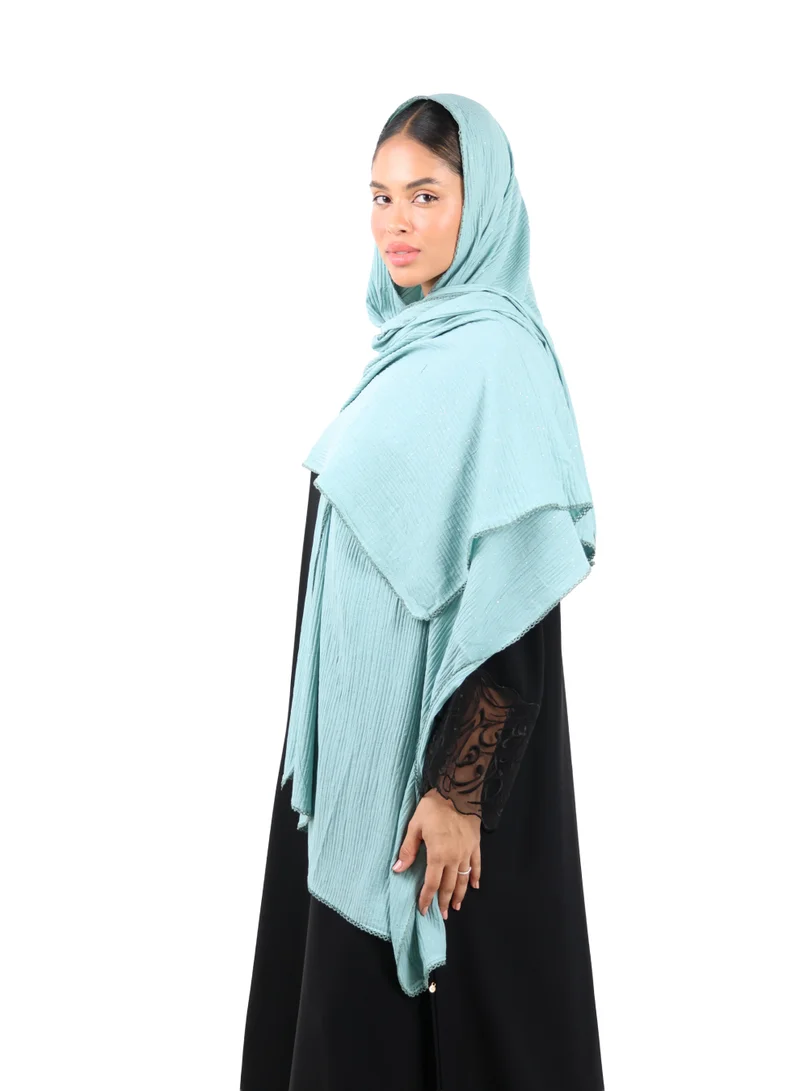 Jameela Crinkle Cotton Mix Scarf with Lace Trim & Shimmer (Sage Green)