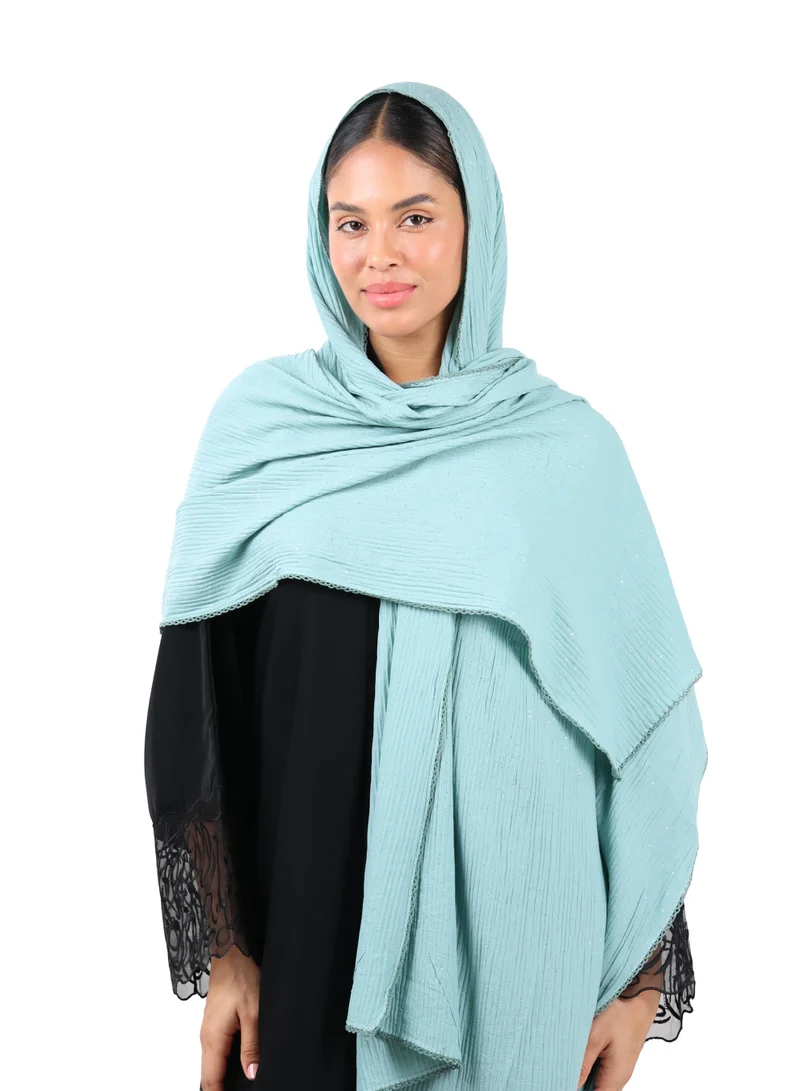 Crinkle Cotton Mix Scarf with Lace Trim & Shimmer (Sage Green)