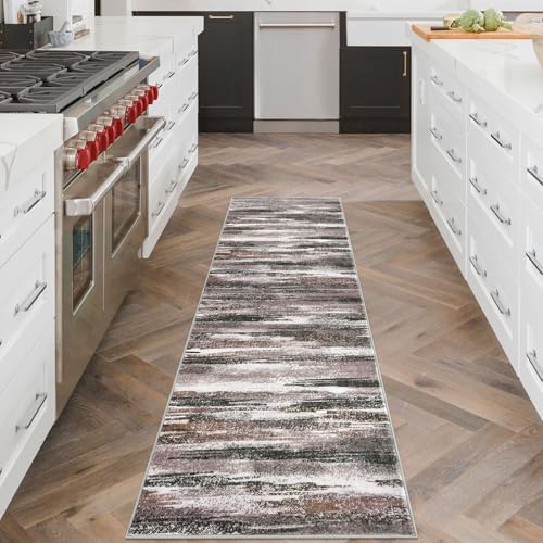 Lansny Modern Abstract Runner Rug 2x6, Dark Light Brown White Washable Kitchen Runner Non-Slip Soft Hallway Rug Runner Thin Print Faux Wool Carpet for Entryway Bedroom Laundry Room Indoor Home Decor - Image 2