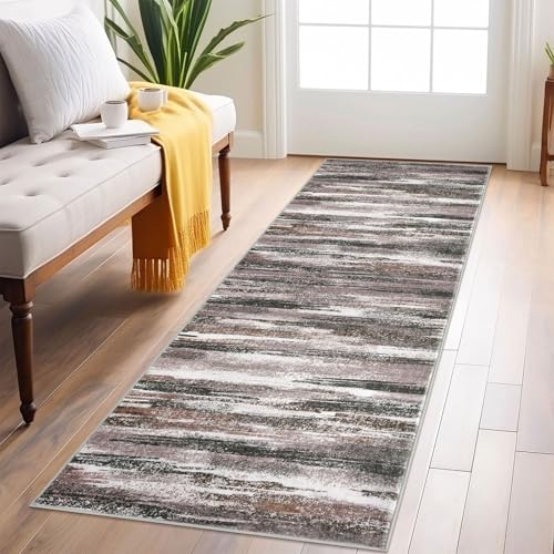 Lansny Modern Abstract Runner Rug 2x6, Dark Light Brown White Washable Kitchen Runner Non-Slip Soft Hallway Rug Runner Thin Print Faux Wool Carpet for Entryway Bedroom Laundry Room Indoor Home Decor - Image 1
