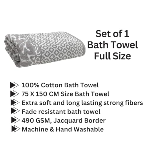 STAMIO Cotton 490 GSM Bath Towel for Men and Women, 75 X 150 CM | Extra Soft & Absorbent Large Full Size Towels for Bathing, Home, Sports, Salon, Hotel use | Jacquard Border, Grey - Image 2