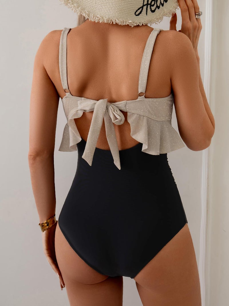 B2prity Womens One Piece Swimsuit Tummy Control Ruffled Bathing Suit V Neck Cutout Swim Suit Tie Back Swimwear - Image 3