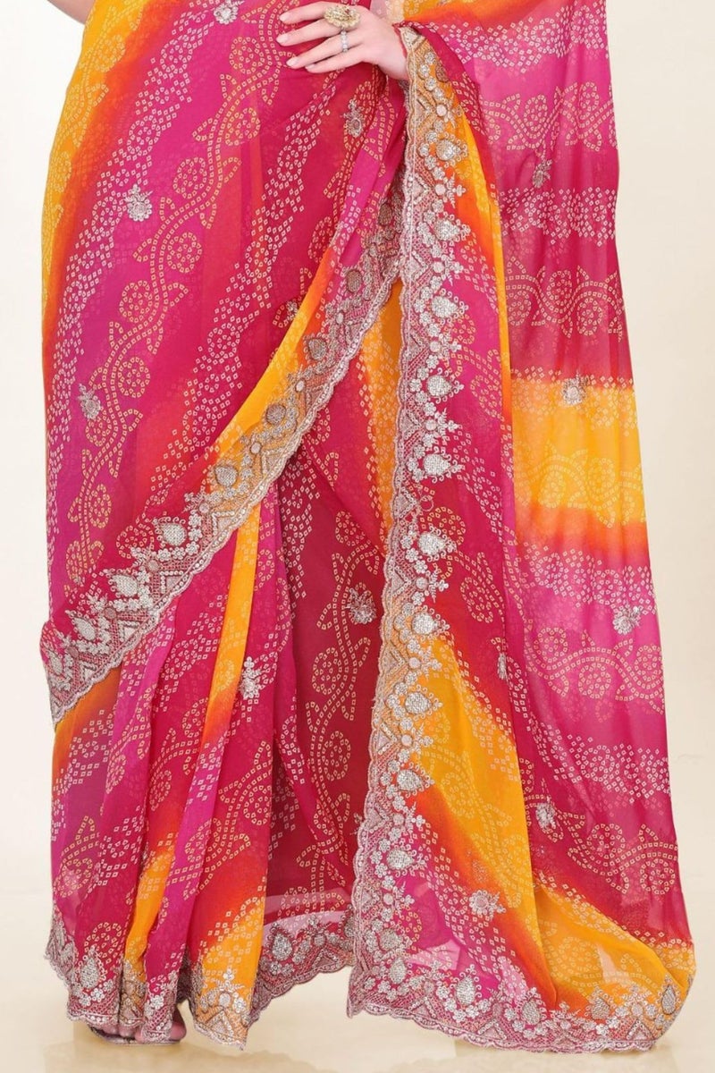 SGF11 Women's Georgette Embroidery Work Saree With Unstitched Blouse Piece (Pink Yellow) - Image 5