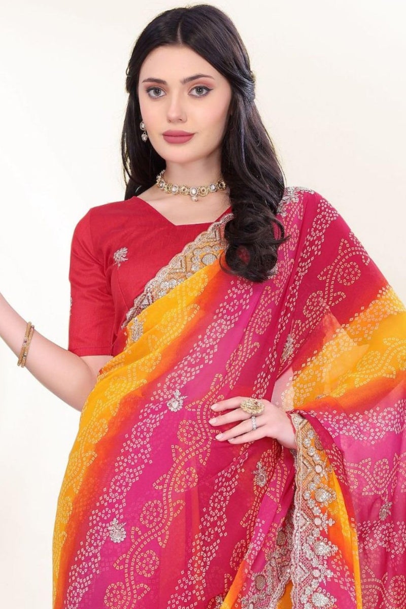 SGF11 Women's Georgette Embroidery Work Saree With Unstitched Blouse Piece (Pink Yellow) - Image 4