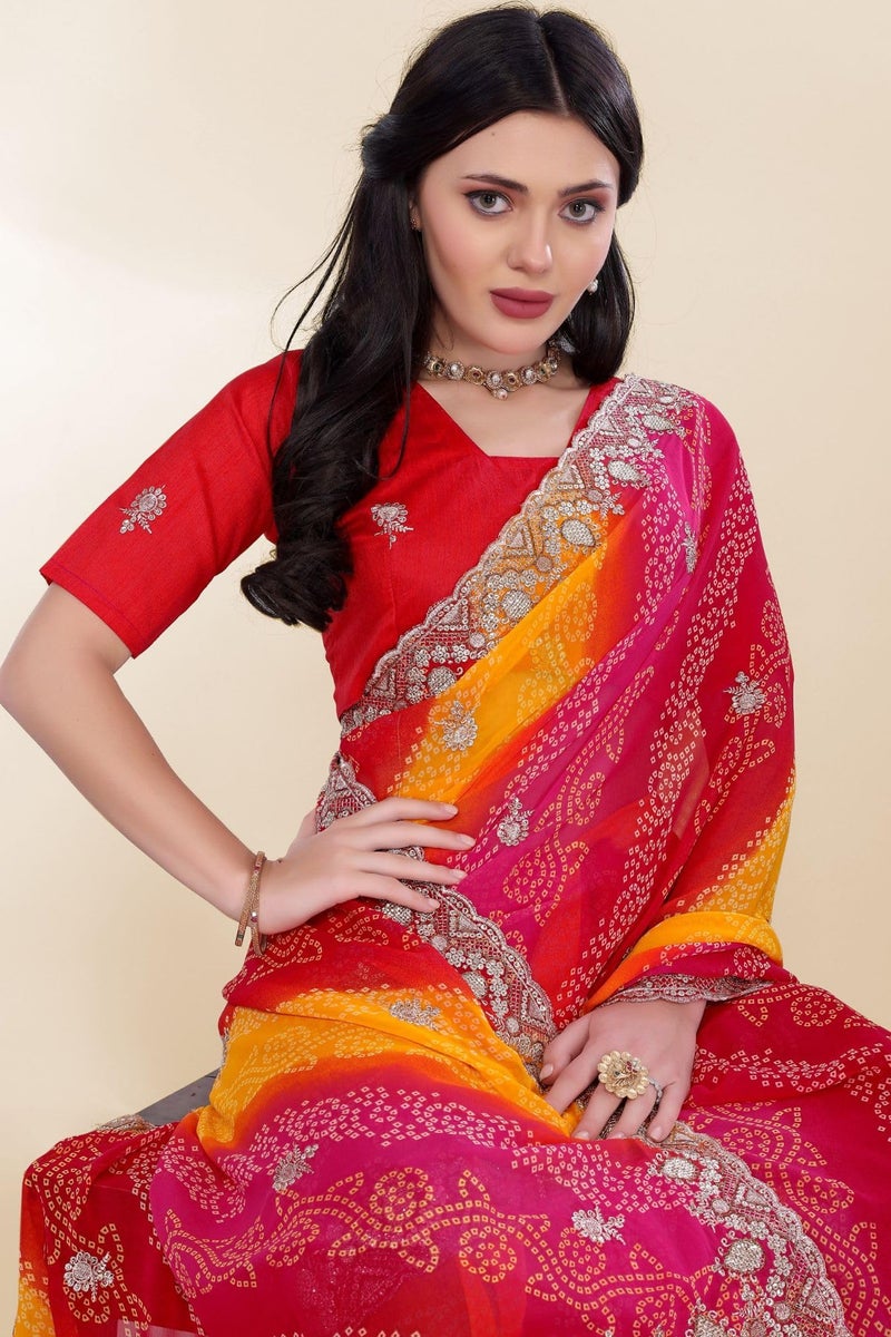 SGF11 Women's Georgette Embroidery Work Saree With Unstitched Blouse Piece (Pink Yellow) - Image 3