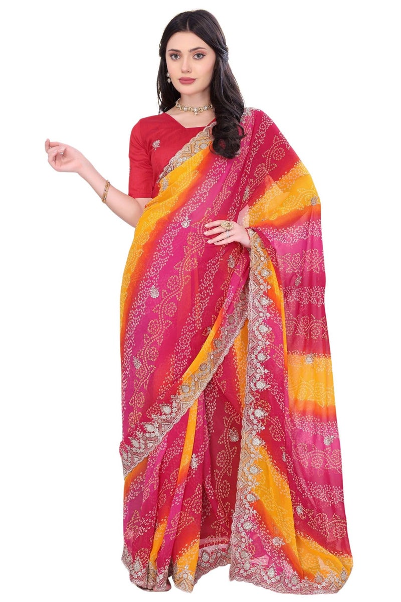 SGF11 Women's Georgette Embroidery Work Saree With Unstitched Blouse Piece (Pink Yellow) - Image 1
