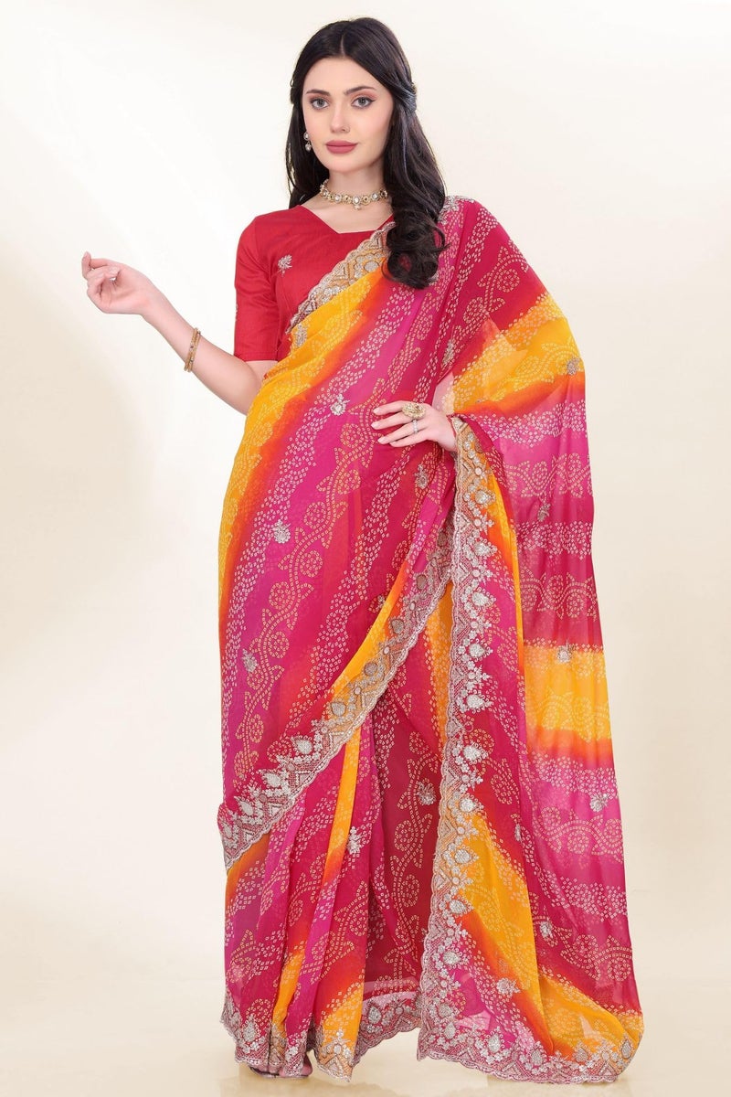 SGF11 Women's Georgette Embroidery Work Saree With Unstitched Blouse Piece (Pink Yellow) - Image 2