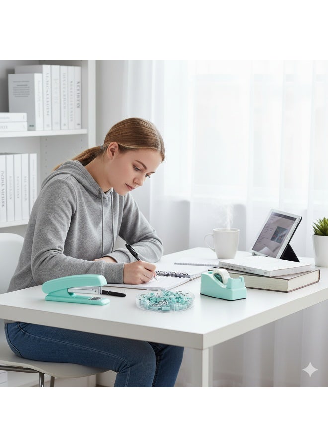 كيدل لوازم مكتبية، ملحقات مكتبية، طقم دباسة وموزع شريط لاصق مع دباسة، موزع شريط لاصق، مزيل دبابيس، دبابيس، مشابك، مقص وعلامات تبويب، هدية للطلاب وزملاء العمل - Image 2