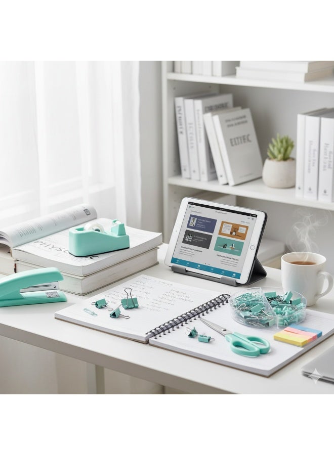 كيدل لوازم مكتبية، ملحقات مكتبية، طقم دباسة وموزع شريط لاصق مع دباسة، موزع شريط لاصق، مزيل دبابيس، دبابيس، مشابك، مقص وعلامات تبويب، هدية للطلاب وزملاء العمل - Image 5