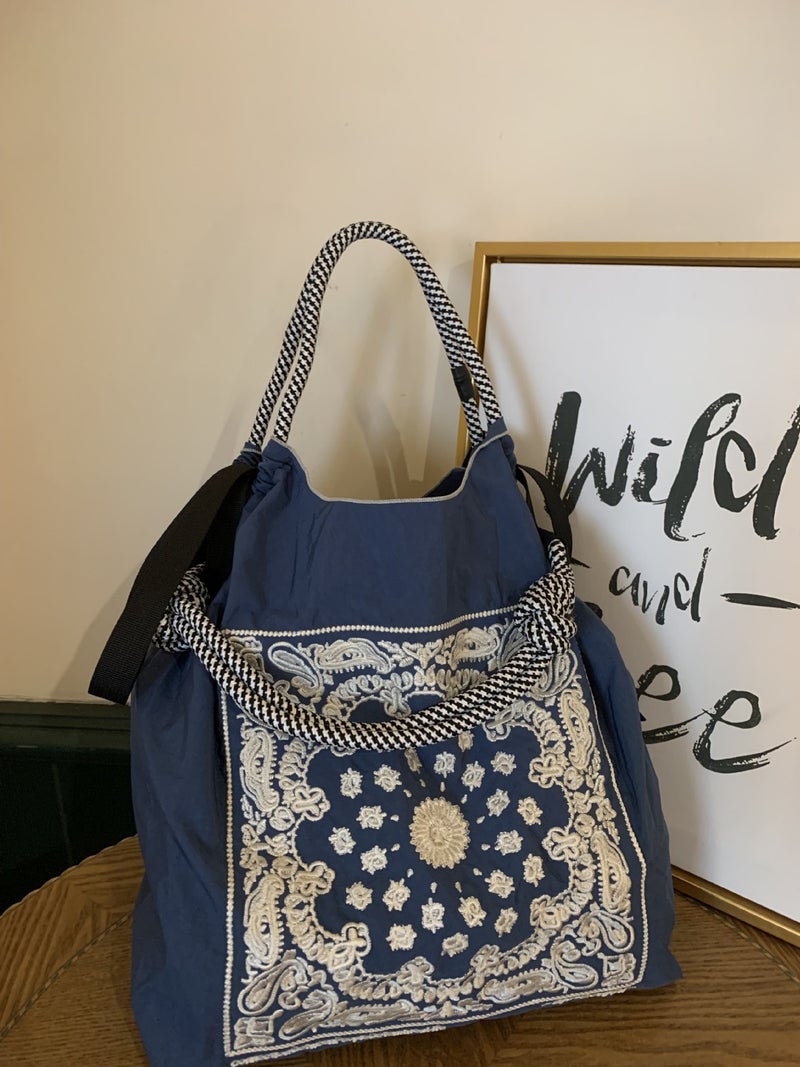 2024 New Embroidered Eco-Friendly Nylon Tote Dark blue cashew flower