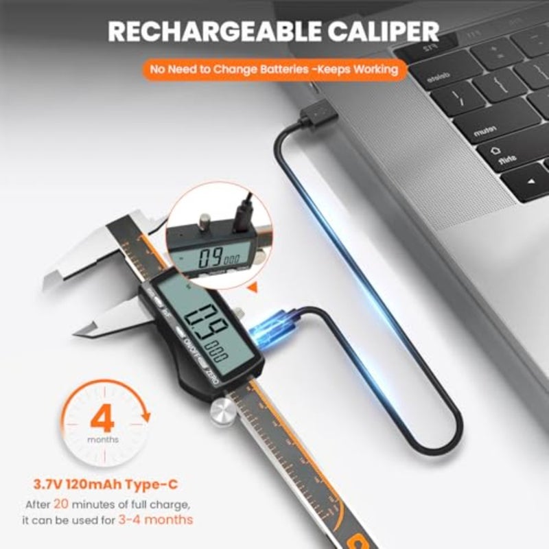 فرجار رقمي قابل لإعادة الشحن، من الفولاذ المقاوم للصدأ مع شاشة LCD كبيرة USB-C، هيكل من الفولاذ المقاوم للصدأ، 4 أوضاع قياس، بوصة/مم/F، إيقاف تلقائي، للاستخدام بنفسك، طباعة ثلاثية الأبعاد، الأعمال الخشبية، المجوهرات، المنزل - Image 5
