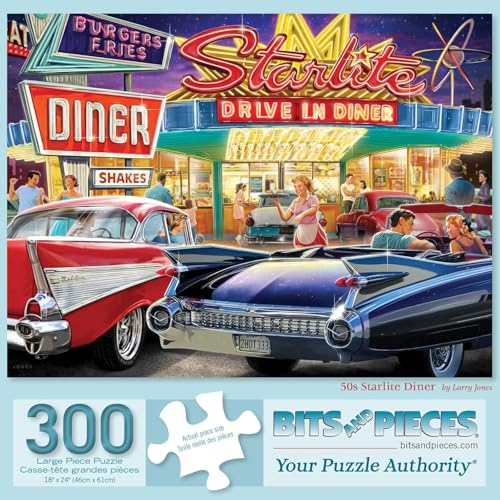 Bits and Pieces بزات وقطع 300 قطعة لغز كبير للبالغين 50s ستارلايت داينر سيارات كلاسيكية لغز قيادة من لاري جونز حجم اللغز المكتمل 18 × 24 - Image 1