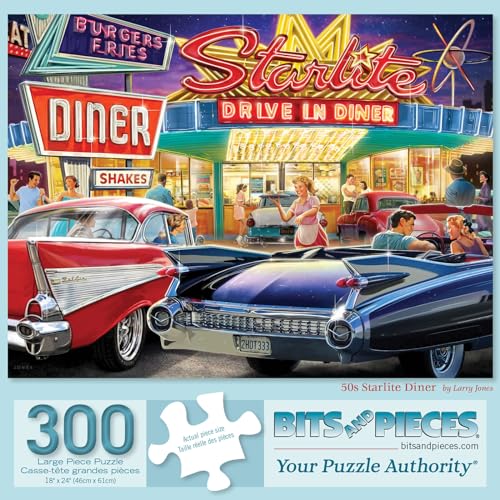 Bits and Pieces بزات وقطع 300 قطعة لغز كبير للبالغين 50s ستارلايت داينر سيارات كلاسيكية لغز قيادة من لاري جونز حجم اللغز المكتمل 18 × 24 - Image 5