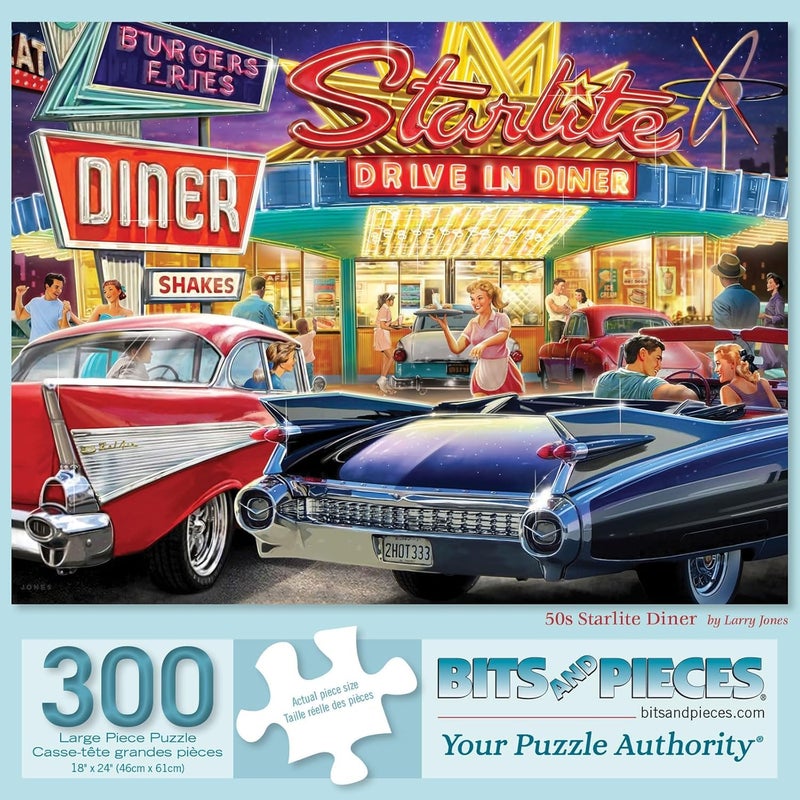 Bits and Pieces بزات وقطع 300 قطعة لغز كبير للبالغين 50s ستارلايت داينر سيارات كلاسيكية لغز قيادة من لاري جونز حجم اللغز المكتمل 18 × 24 - Image 3