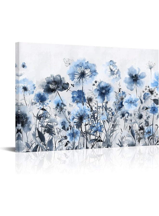 Home Trove Wildflowers Canvas Wall Art Abstract Flower Painting Print On Canvas Neutral Beige Brown Living Room Bedroom Decorations (Blue)  - Image 1