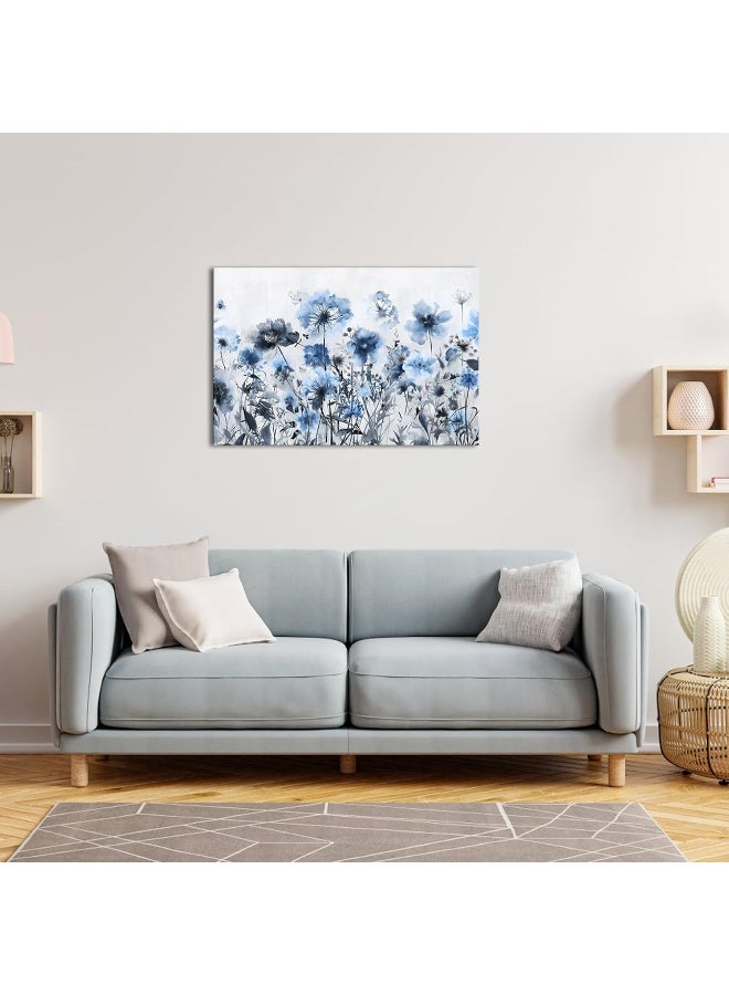 Home Trove Wildflowers Canvas Wall Art Abstract Flower Painting Print On Canvas Neutral Beige Brown Living Room Bedroom Decorations (Blue)  - Image 2