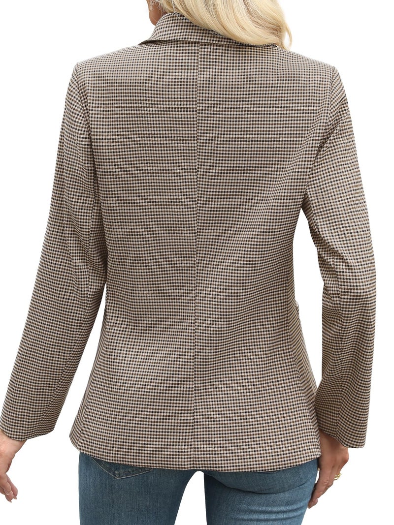 ELLEVEN Blazers for Women Business Casual Work Office Long Sleeve Lightweight Button Pockets Notched Lapel Collar Slim Fit Professional Suit Jacket Coat Outfits Padded Shoulder Brown Plaid Large - Image 2