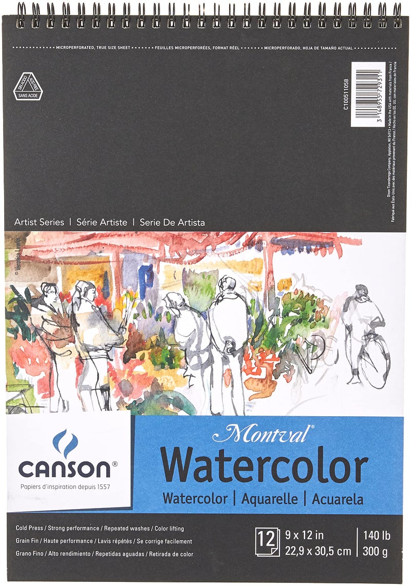 Canson Artist Series Montval Watercolor Paper Wirebound Pad 9x12 inches 12 Sheets 140lb300g Artist Paper for Adults and Students Watercolors Mixed Media Markers and Art Journaling