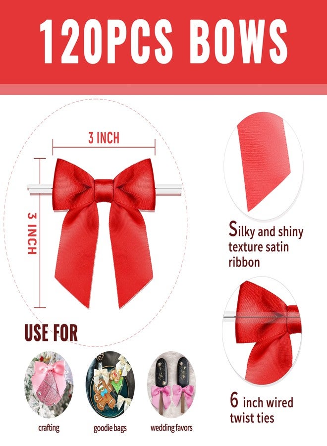 Rainbow Pana RainbowPana 120 Pack Christmas Luxury Twist Tie Bows, Red 3" Satin Ribbon Pretied Bows, Premade Craft Decoration for Package Cake Pop Basket Favors Cookie Candy, Gift Wrapping Baby Shower Wedding - Image 3