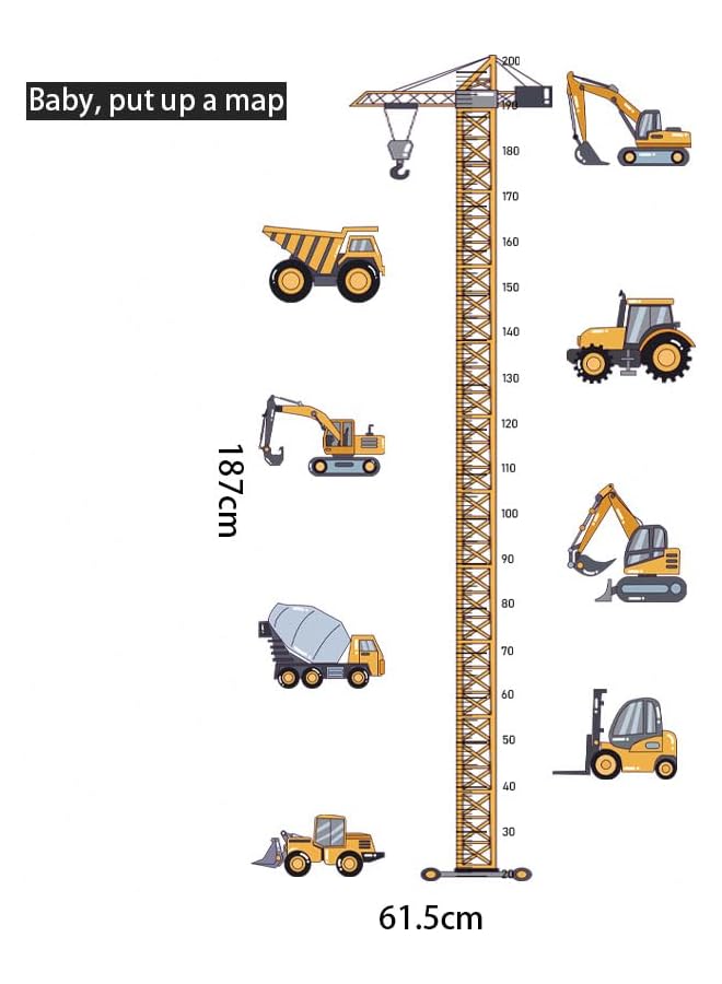 The Bros Yellow Tower Crane, Crane Excavator, Construction Vehicles Height Chart Sticker, Growth Height Chart Measurement, Removable Wall Sticker Decal, Children Home Room Nursery Wall Mural - Image 3