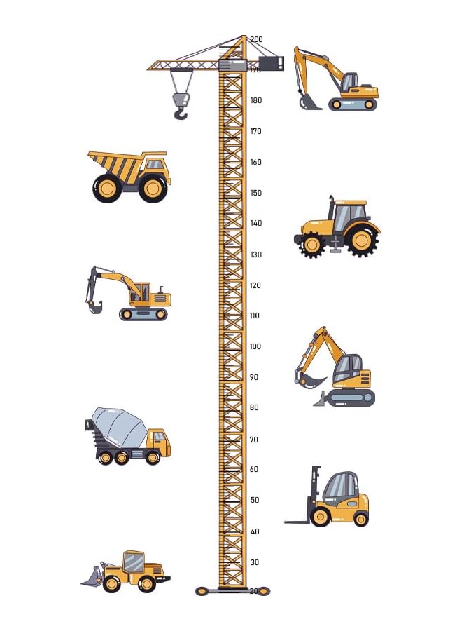 The Bros Yellow Tower Crane, Crane Excavator, Construction Vehicles Height Chart Sticker, Growth Height Chart Measurement, Removable Wall Sticker Decal, Children Home Room Nursery Wall Mural - Image 2