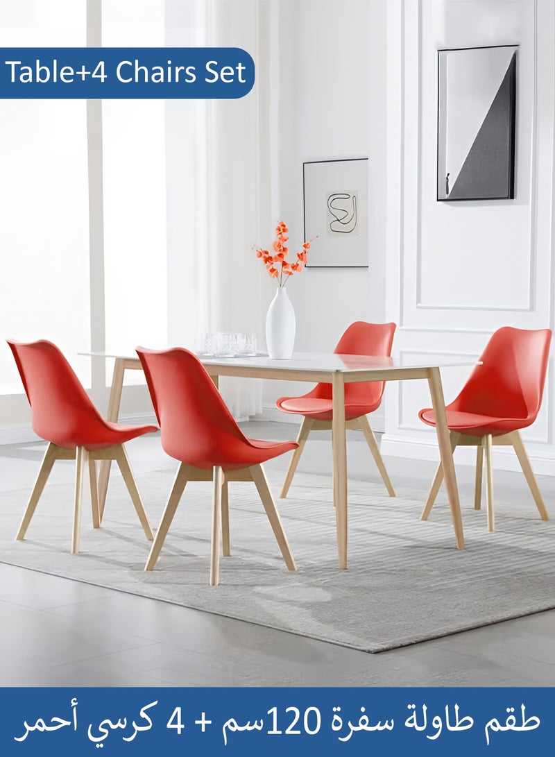 طقم طاولة طعام مكون من 5 قطع، طاولة طعام مستطيلة حديثة مع 4 كراسي بتصميم أنيق | طاولة خشب أبيض صلبة 120x60x75 سم مع 4 كراسي مبطنة ناعمة باللون الأحمر بتصميم من منتصف القرن - كراسي جانبية حديثة بأرجل خشبية