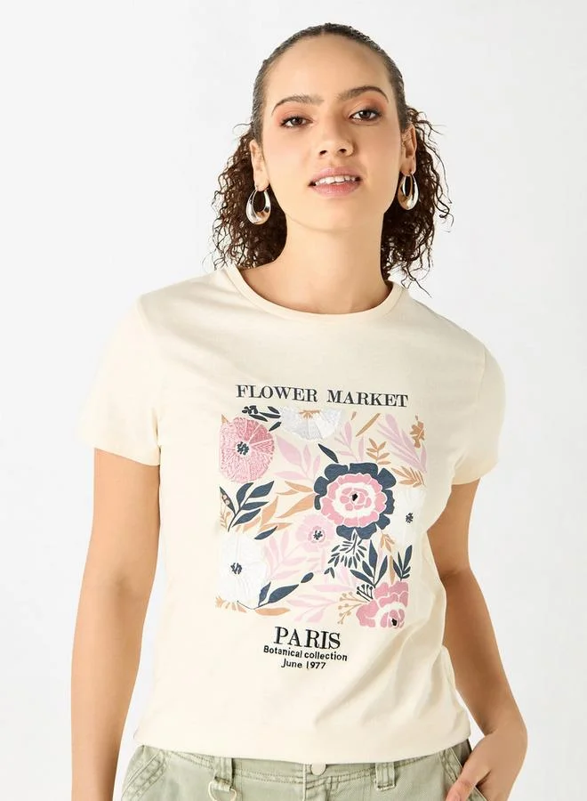 Splash FAV Floral Print Crew Neck T-shirt with Short Sleeves