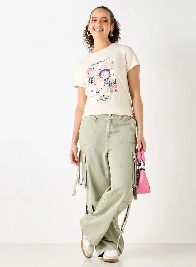 Splash FAV Floral Print Crew Neck T-shirt with Short Sleeves