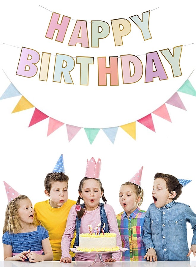 3 قطع مجموعة ديكور حفلة عيد ميلاد بألوان الباستيل ماكارون لافتة عيد ميلاد سعيد وأعلام مثلثة ملونة ديكور معلق نابض بالحياة للأطفال والكبار للاحتفالات في المنزل وفي الهواء الطلق لعيد الفطر ولحفلات أعياد الميلاد - Image 1