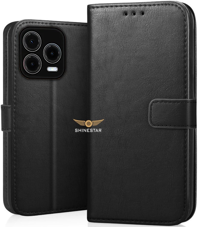 SHINESTAR Lava Bold N1 Pro | Lava Shark 4G Flip Back Cover | PU Leather Flip Cover Wallet Case with TPU Silicone Case Back Cover for Lava Bold N1 Pro | Lava Shark 4G - Classy Black - Image 1