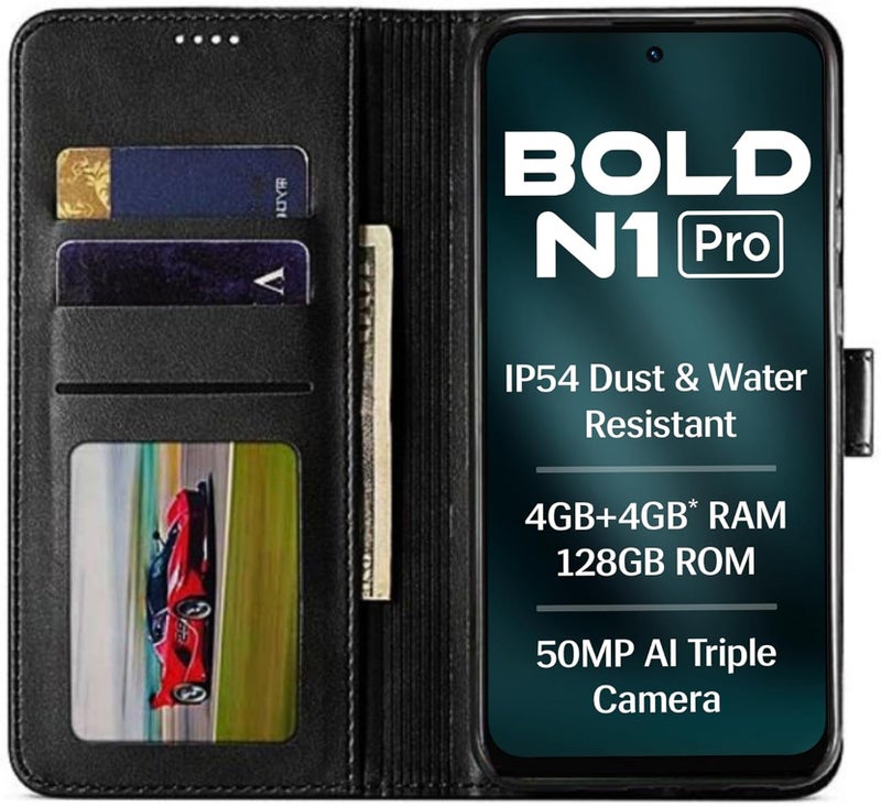 SHINESTAR Lava Bold N1 Pro | Lava Shark 4G Flip Back Cover | PU Leather Flip Cover Wallet Case with TPU Silicone Case Back Cover for Lava Bold N1 Pro | Lava Shark 4G - Classy Black - Image 3