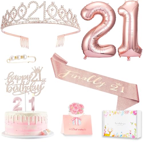 Awfrky 21st Birthday Gifts Decorations for Her Including 21st Cake Toppers Birthday Queen Sash with Pearl Pin Sweet Rhinestone Tiara Crown Number Candles and Balloons Set Rose Gold - Image 1