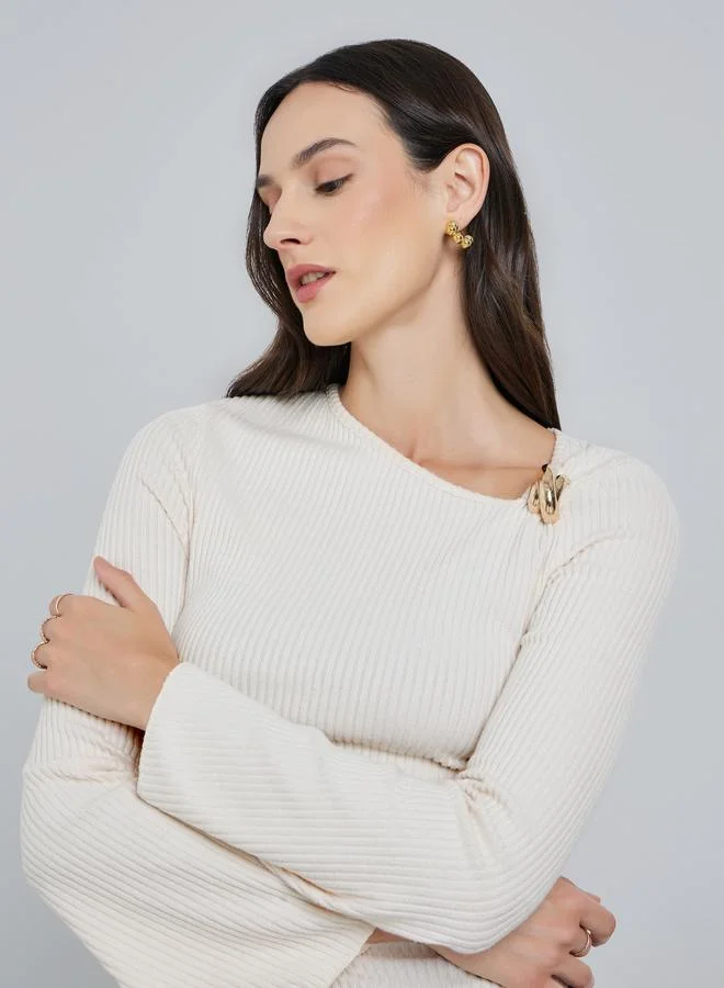 Take Two Beige Ribbed Asymmetric Neck Top