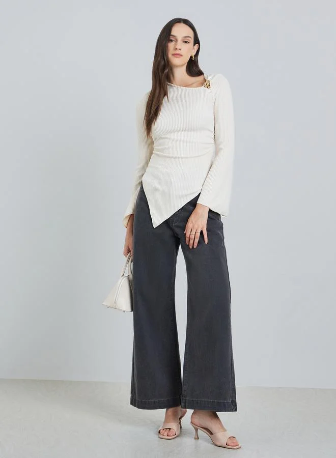 Take Two Beige Ribbed Asymmetric Neck Top