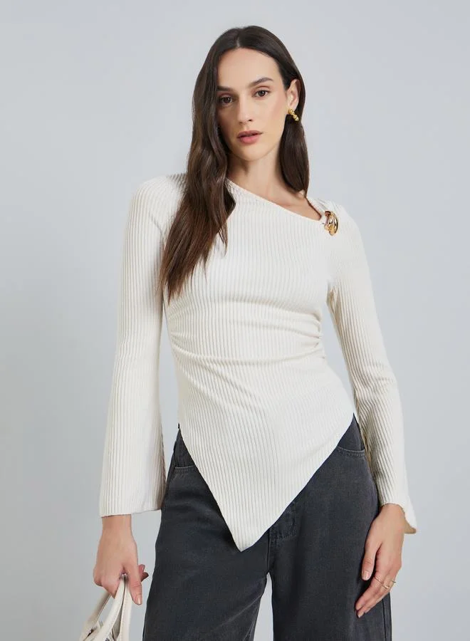 Take Two Beige Ribbed Asymmetric Neck Top