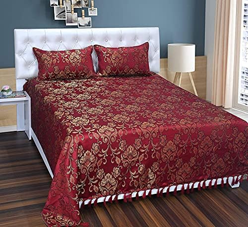 Peponi Silk Jaquard Woven Double Bedsheet with 2 Pillow Covers (Standard_D.Maroon & Gold) - Image 2
