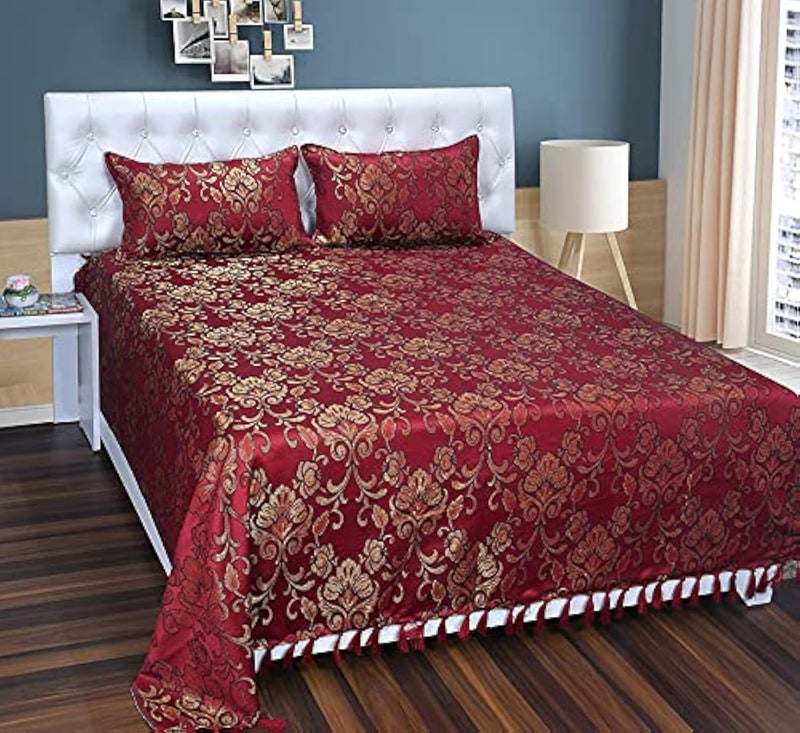 Peponi Silk Jaquard Woven Double Bedsheet with 2 Pillow Covers (Standard_D.Maroon & Gold) - Image 1