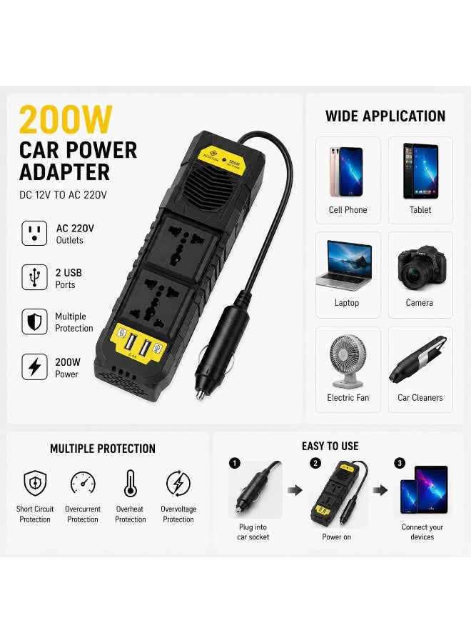 نيهون محول كهرباء سيارة 200 واط 12V إلى 220V بمنفذين AC وUSB مزدوج مع حماية ذكية للرحلات والتخييم - Image 2