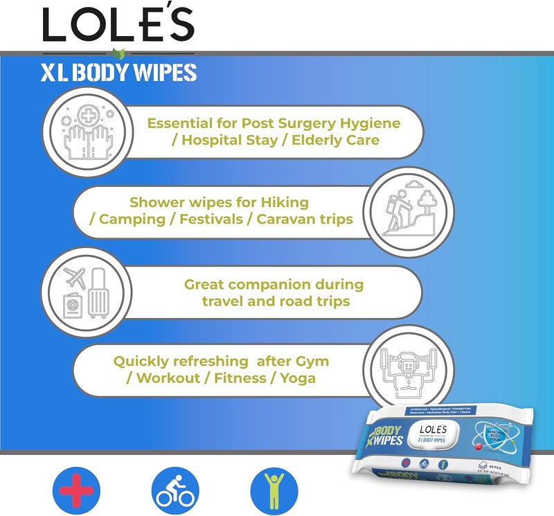 LOLE'S Body Wipes for Adults Bathing No Rinse XL – Bath Wipe for Adult, 48 Count Extra Large, – Shower Wipes – Body Wipe for Camping, Travel, Gym, Elderly Care, Women & Men – Fresh & Moisturizing - Image 2