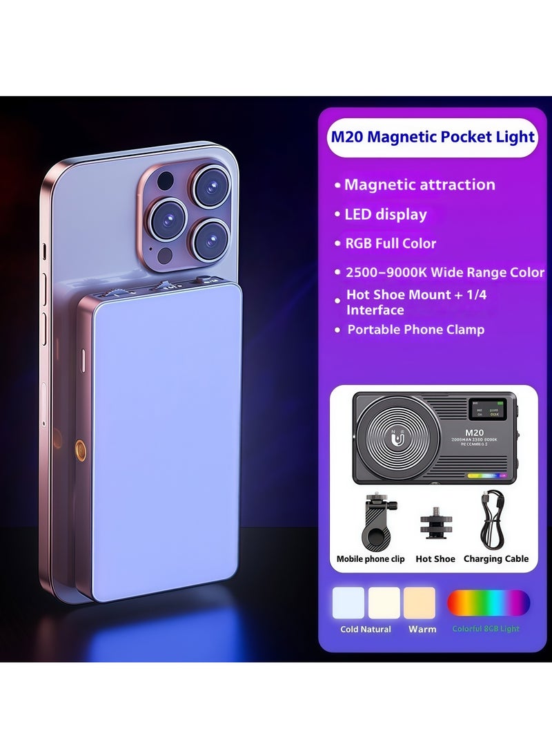 فلاشهوك مصباح فيديو RGB مغناطيسي M20 للجيب | إضاءة كاميرا LED ثنائية اللون (2500K-9000K) مع مشبك هاتف وحامل هوت شو | CRI 95+، قابل لإعادة الشحن 2000 مللي أمبير | مثالي لـ يوتيوب، تيك توك، والبث المباشر - Image 1