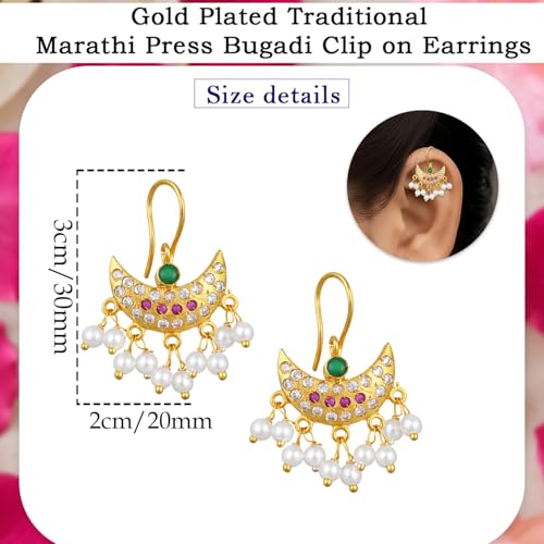 VAMA FASHIONS 18K Gold Plated Anti Tarnish Half Moon Design Maharashtrian Traditional Press on Bugadi Upper Ear Clip on Earrings for Women & Girls - Image 3