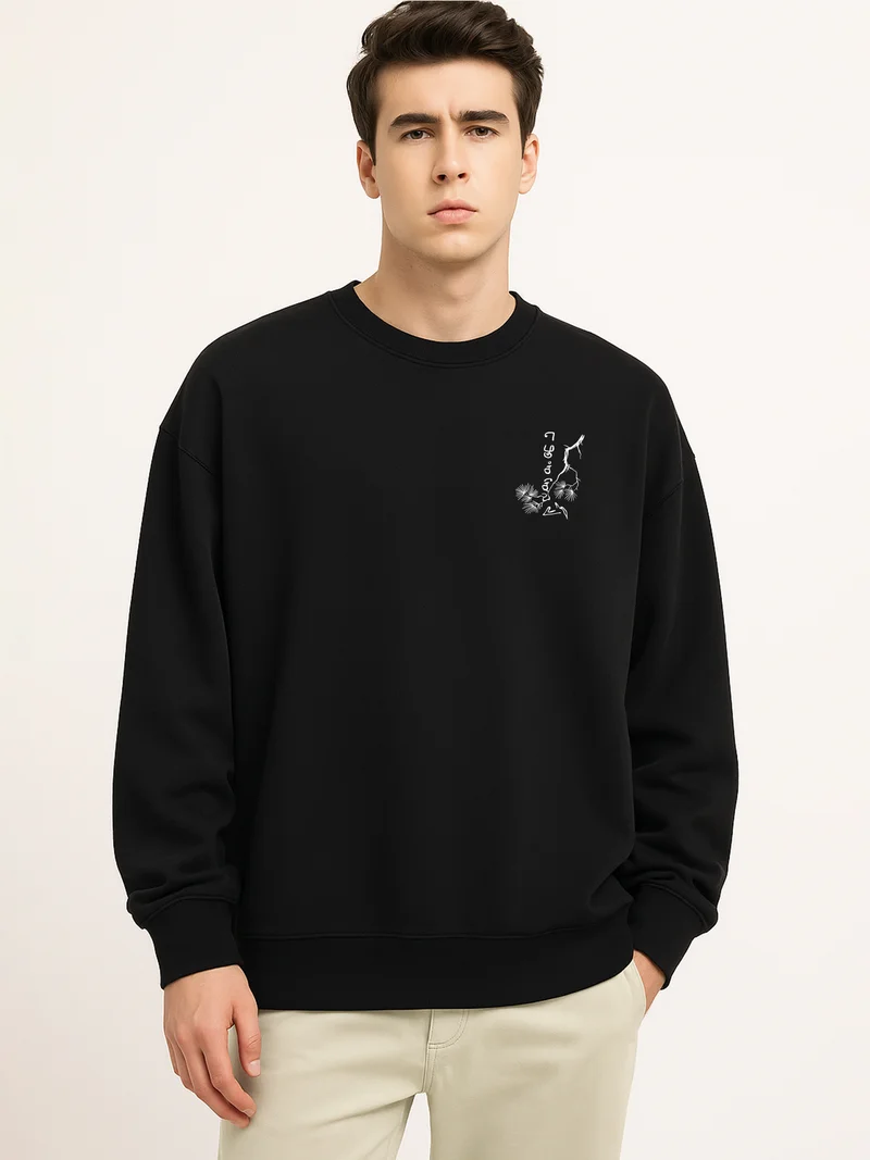 مانياك Maniac Mens Embroidery Tamil Round Neck Full Sleeve Black & White Fleece Sweatshirt