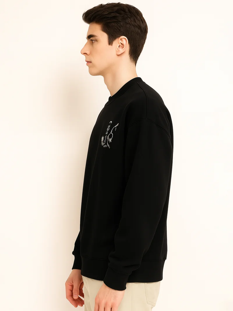 مانياك Maniac Mens Embroidery Tamil Round Neck Full Sleeve Black & White Fleece Sweatshirt