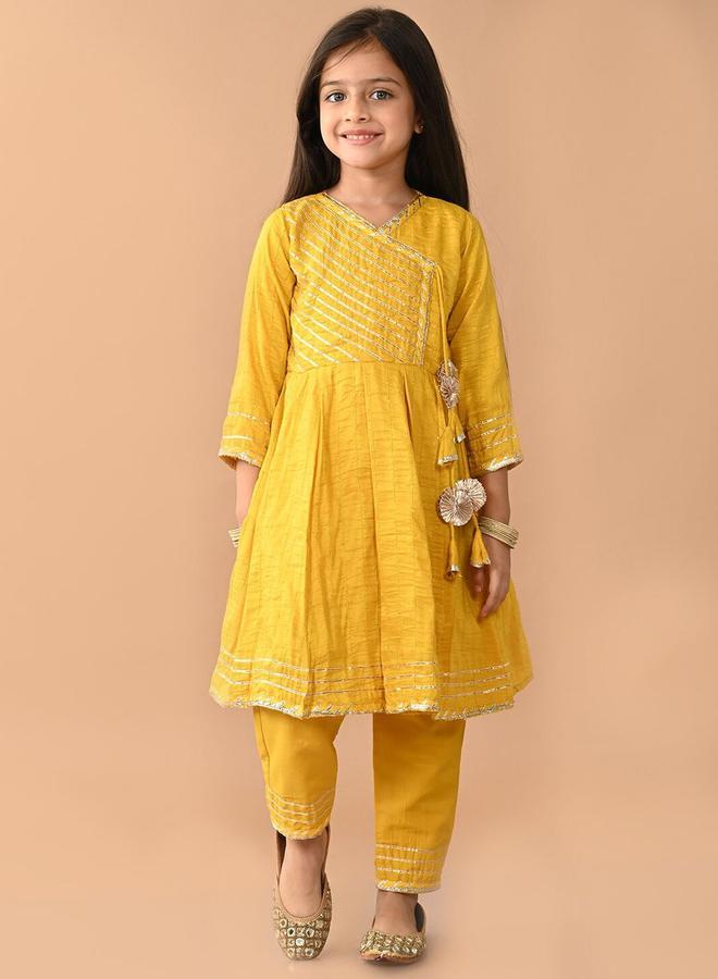 LILPICKS Yellow Kurta Set Straight Fit made from Cotton featuring Self Design design and Round Neck neckline - Perfect for Festive! - Image 1