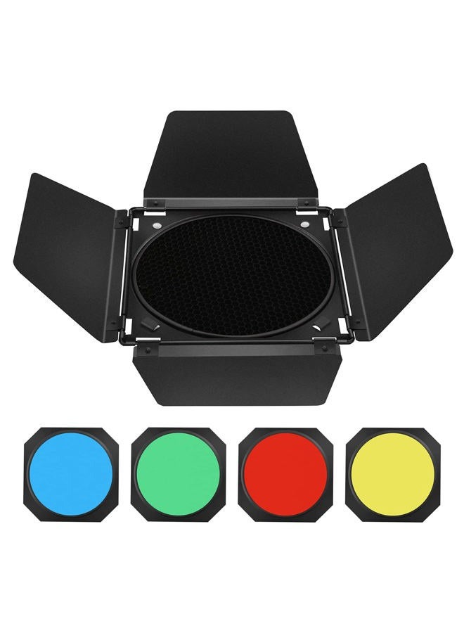 Godox BD-04 Barn Door & Honeycomb Grid &4 Color Gel Filters Compatible for Standard Reflectors Accessories kit - Image 1