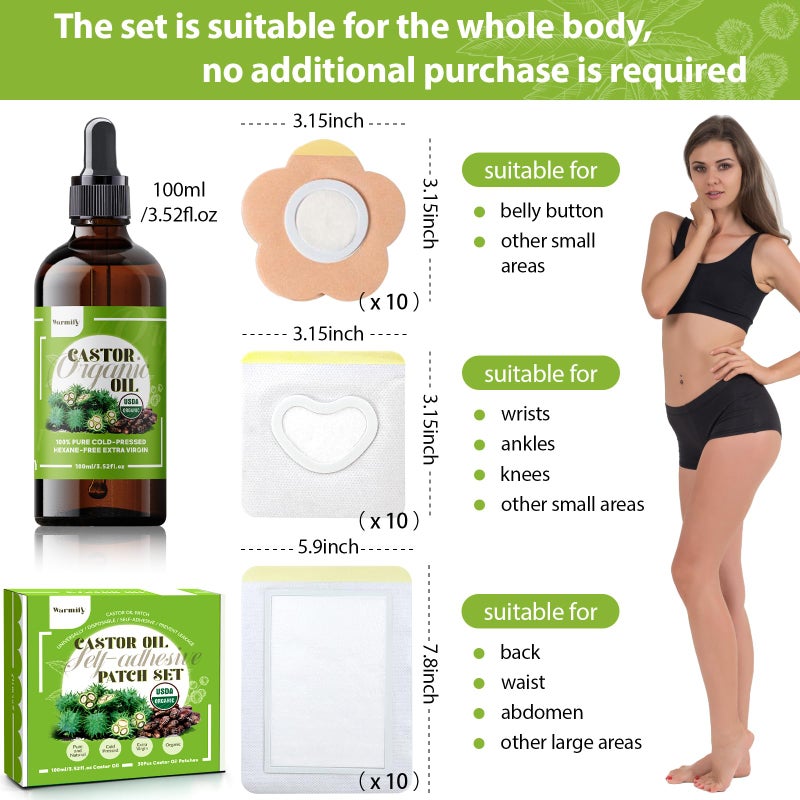 Warmify 30 Pcs Castor Oil Patches with Castor Oil Organic Cold Pressed Unrefined Glass Bottle(3.5oz),Cotton Caster Oil Pack Wrap for Waist Back Neck Arm Belly,Self-Adhesive Disposable for Convenient Use - Image 2