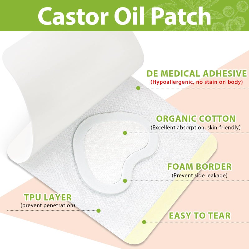Warmify 30 Pcs Castor Oil Patches with Castor Oil Organic Cold Pressed Unrefined Glass Bottle(3.5oz),Cotton Caster Oil Pack Wrap for Waist Back Neck Arm Belly,Self-Adhesive Disposable for Convenient Use - Image 4