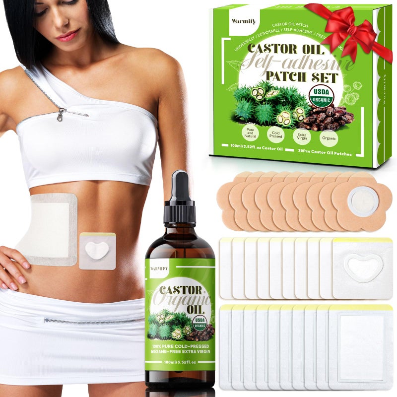 Warmify 30 Pcs Castor Oil Patches with Castor Oil Organic Cold Pressed Unrefined Glass Bottle(3.5oz),Cotton Caster Oil Pack Wrap for Waist Back Neck Arm Belly,Self-Adhesive Disposable for Convenient Use - Image 1