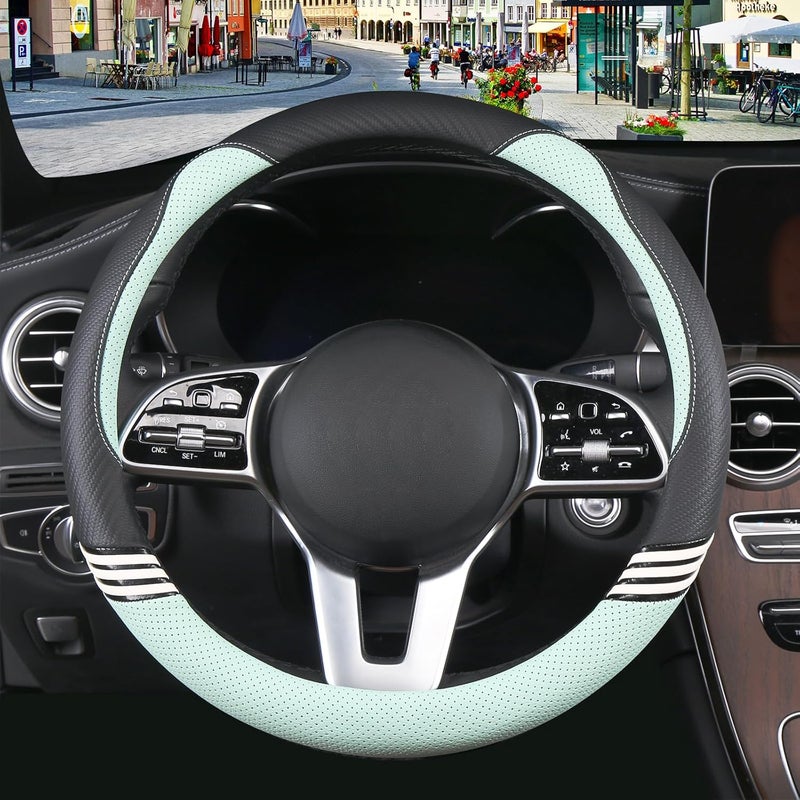 Binsheo Cute Steering Wheel Cover for Women Men Leather Universal 15 inch,Black and Green - Image 3