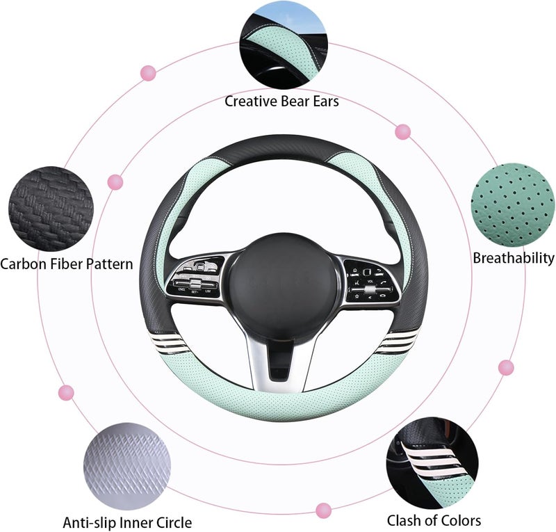 Binsheo Cute Steering Wheel Cover for Women Men Leather Universal 15 inch,Black and Green - Image 4